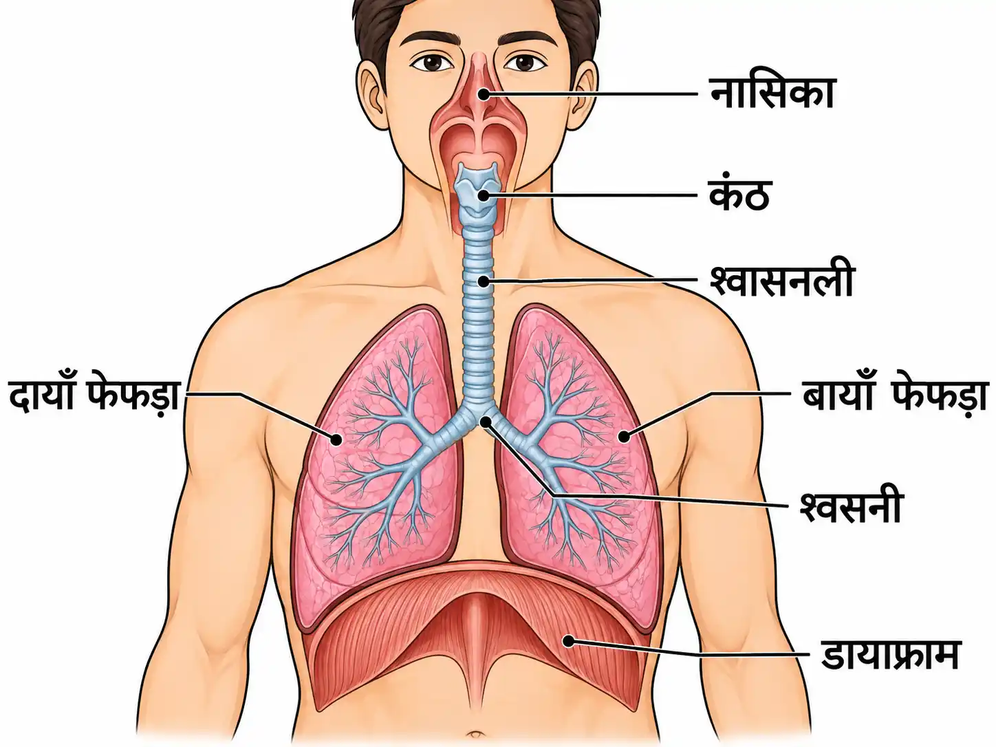 मनुष्य के श्वसन तन्त्र का नामांकित चित्र