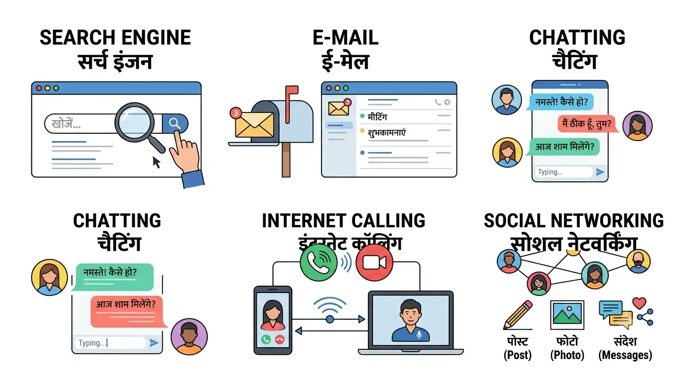 सर्च इंजन ईमेल चैटिंग इंटरनेट कॉलिंग और सोशल नेटवर्किंग