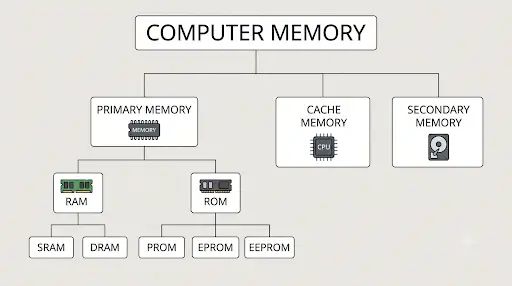 कम्प्यूटर मेमोरी का वर्गीकरण प्राइमरी मेमोरी RAM ROM SRAM DRAM PROM EPROM EEPROM कैश और सेकेंडरी मेमोरी