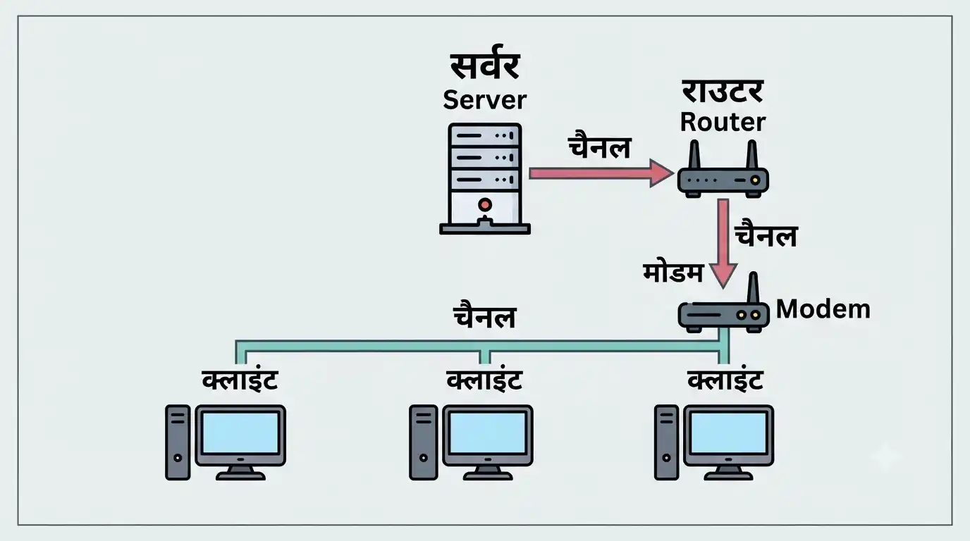 कम्प्यूटर नेटवर्क में सर्वर क्लाइंट मॉडेम राउटर और संचार चैनल