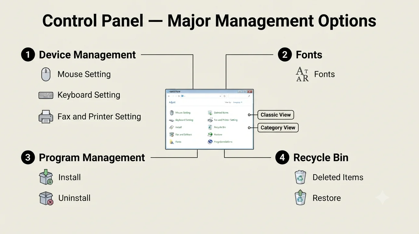 Control Panel में Device Management Mouse Keyboard Printer Fonts Program Management और Recycle Bin