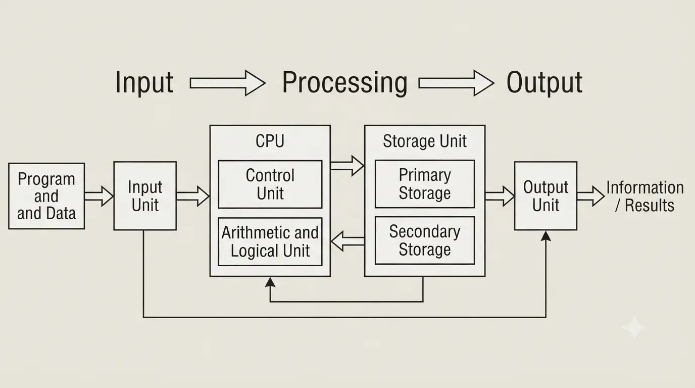 कम्प्यूटर की Input Processing Output Cycle तथा Input Unit CPU Storage Unit और Output Unit का ब्लॉक डायग्राम