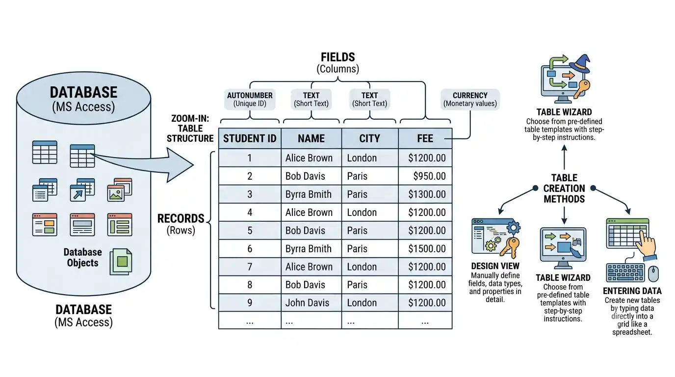 MS Access में Database, Table, Field, Record और Data Types की संरचना