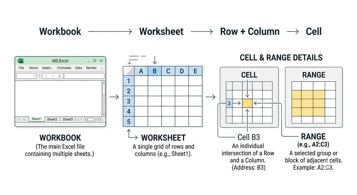 MS Excel में Workbook, Worksheet, Row, Column और Cell