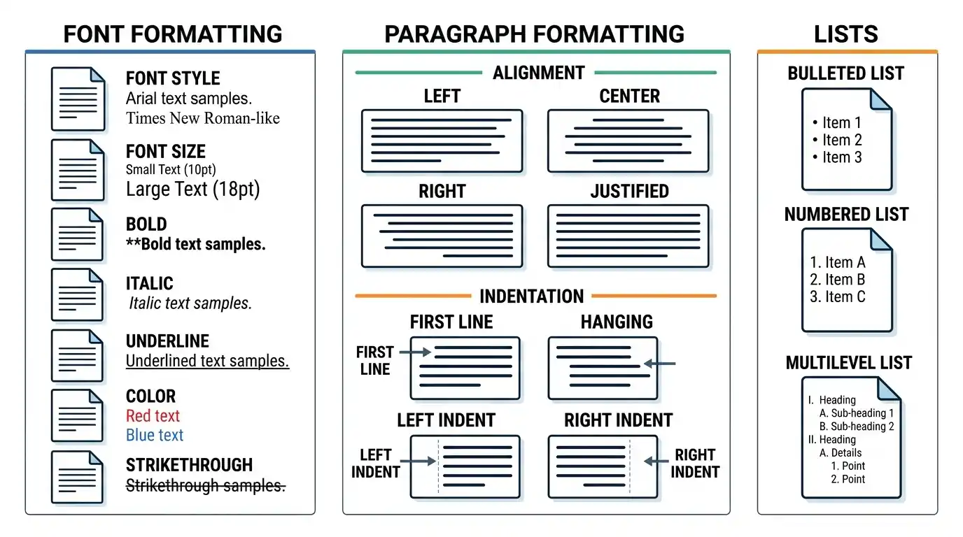 MS Word में Font, Paragraph और List Formatting के प्रमुख विकल्प