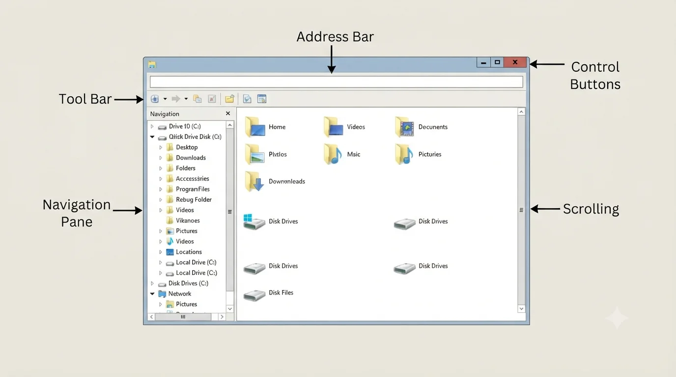 Windows Explorer के प्रमुख भाग Address Bar Toolbar Navigation Pane Control Buttons और Scrolling