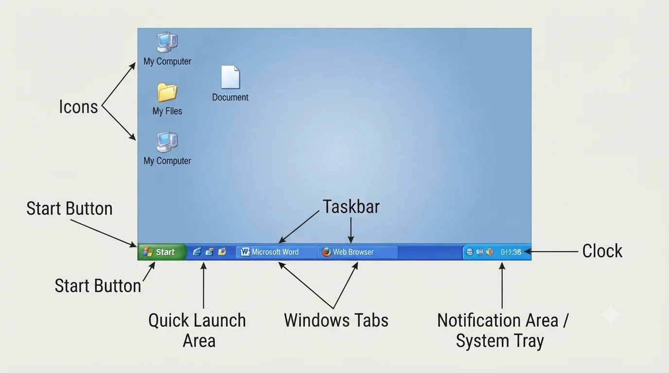 Windows XP Desktop के प्रमुख घटक Start Button Icons Taskbar Quick Launch Windows Tabs और Notification Area