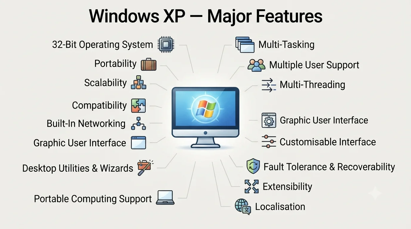 Microsoft Windows XP की प्रमुख विशेषताएँ मल्टी टास्किंग मल्टी यूजर नेटवर्किंग ग्राफिक यूजर इंटरफेस पोर्टेबिलिटी और कम्पैटिबिलिटी