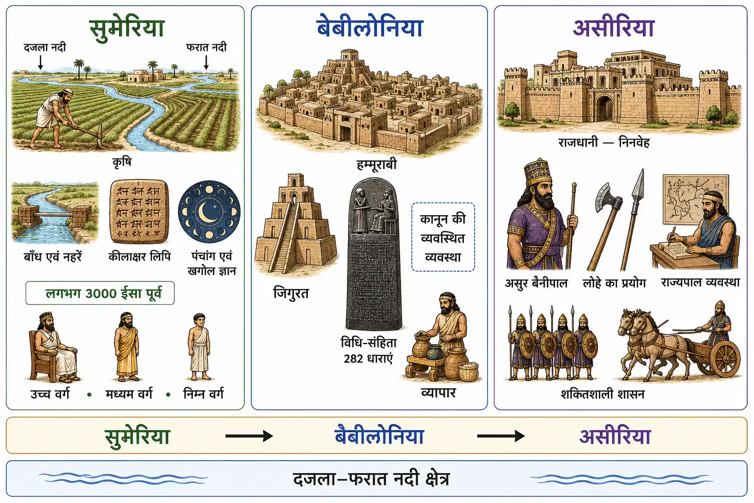 सुमेरिया, बेबीलोनिया और असीरिया सभ्यताओं की प्रमुख विशेषताएँ
