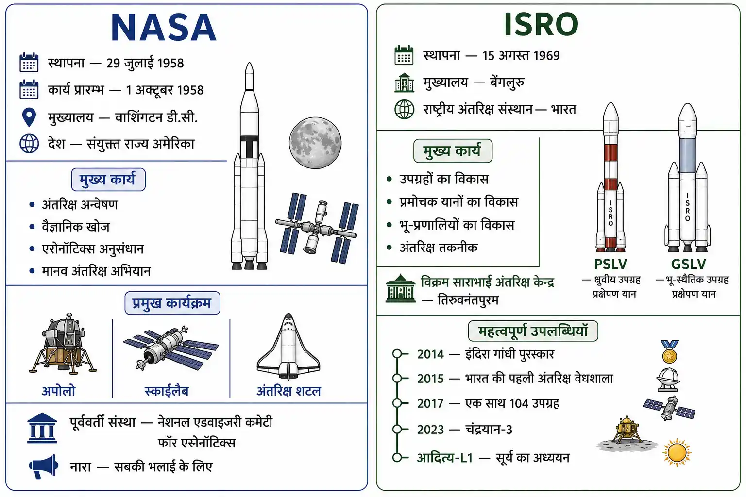 NASA और ISRO की स्थापना मुख्यालय उद्देश्य तथा प्रमुख अंतरिक्ष उपलब्धियों की तुलना