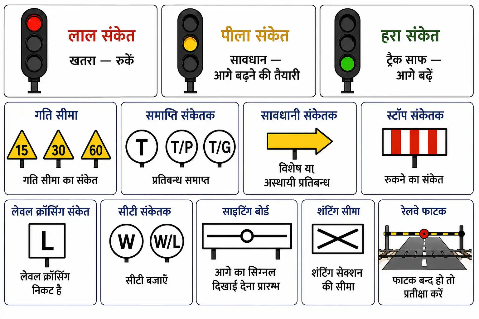 रेलवे क्रॉसिंग और रेलवे ट्रैक पर प्रयुक्त प्रमुख संकेत एवं संकेतक
