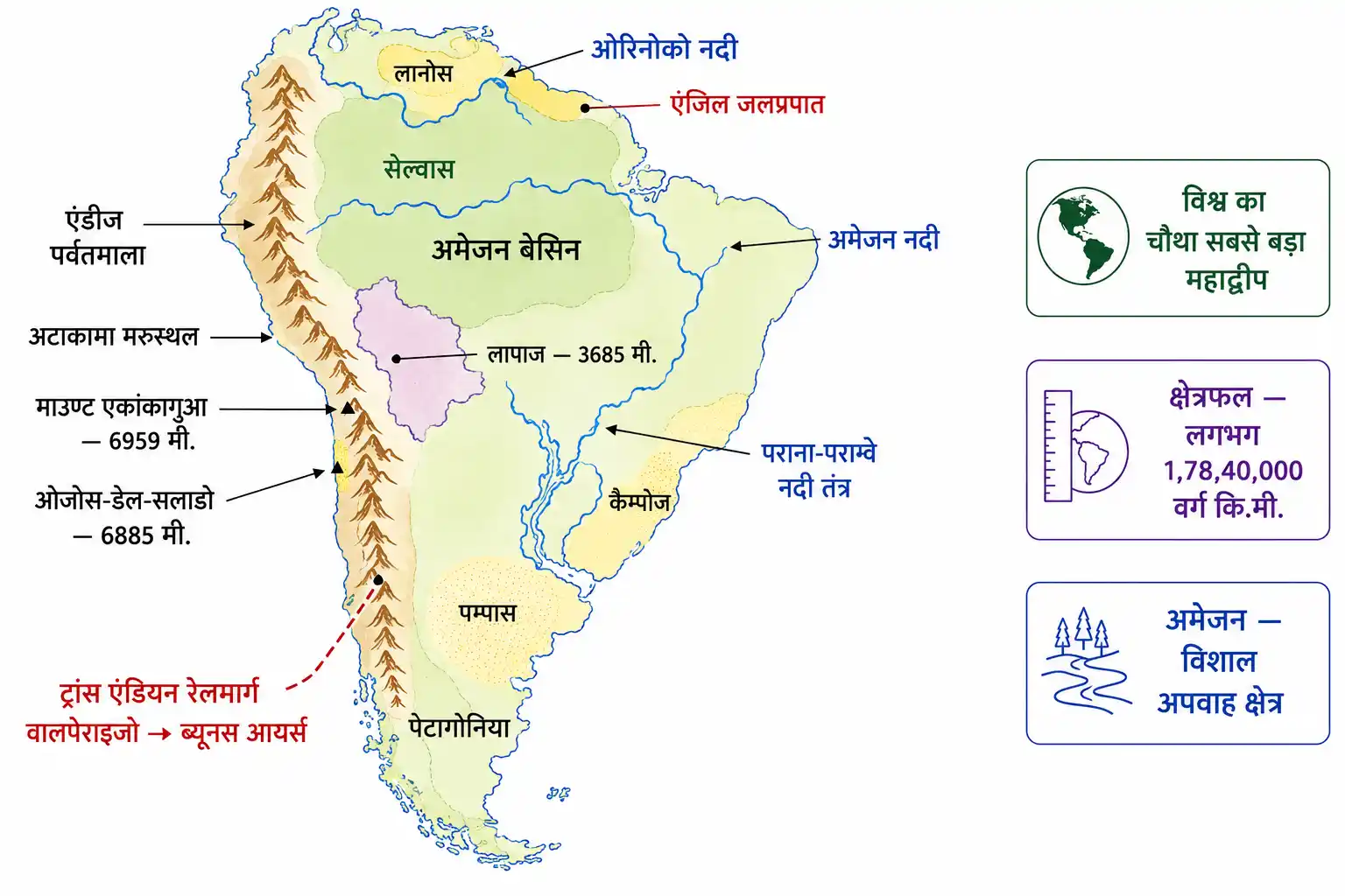 दक्षिणी अमेरिका की एंडीज पर्वतमाला अमेजन नदी अटाकामा मरुस्थल और प्रमुख भौगोलिक विशेषताएँ