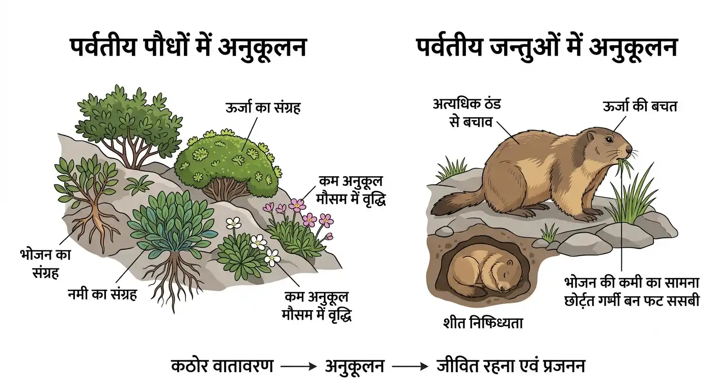 पर्वतीय क्षेत्रों में पौधों एवं जन्तुओं का वातावरणीय अनुकूलन