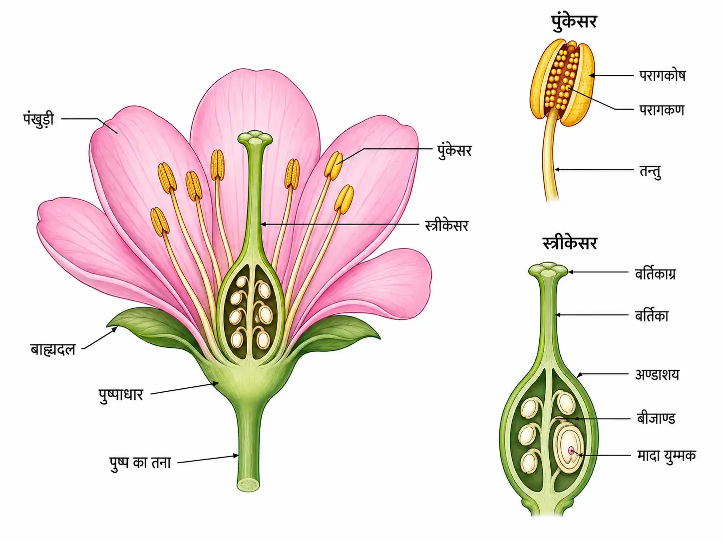 पुष्प के विभिन्न भाग और नर तथा मादा जनन अंग