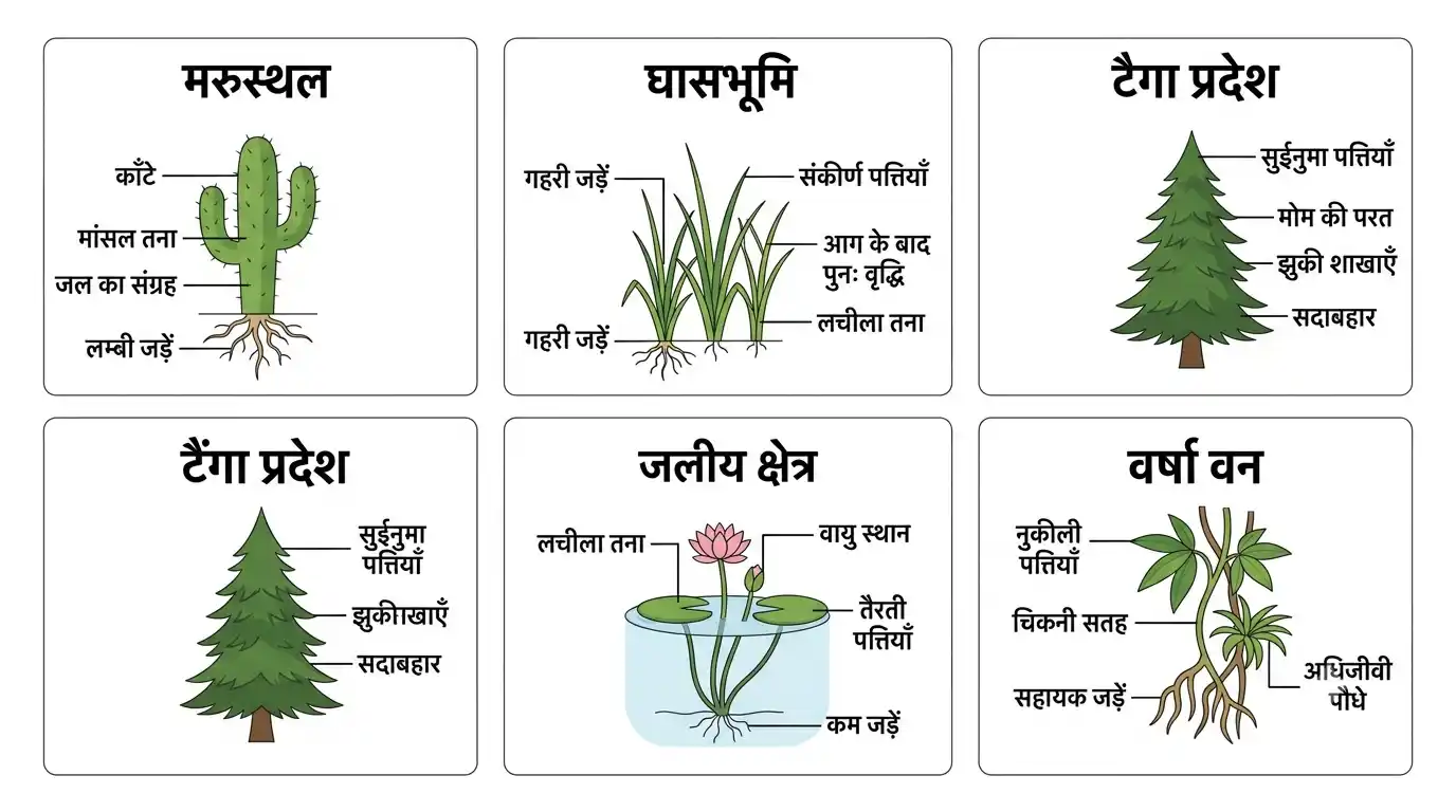 विभिन्न प्राकृतिक क्षेत्रों में पादप अनुकूलन