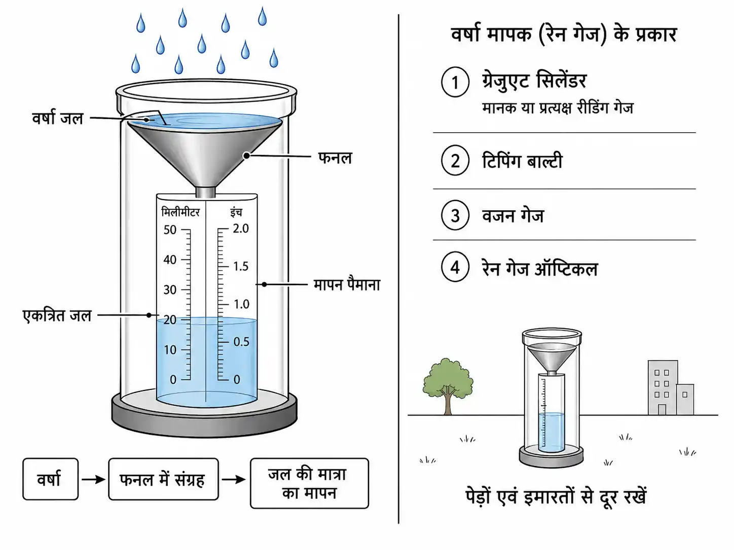 रेन गेज द्वारा वर्षा मापन और उसके प्रकार