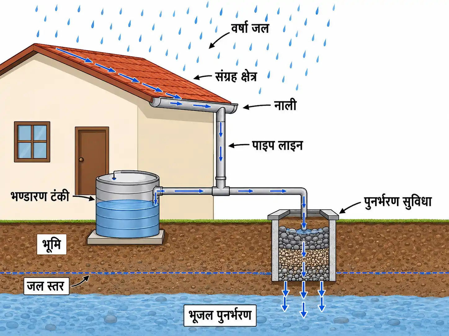 घर की छत से वर्षा जल संचयन और भूजल पुनर्भरण की व्यवस्था