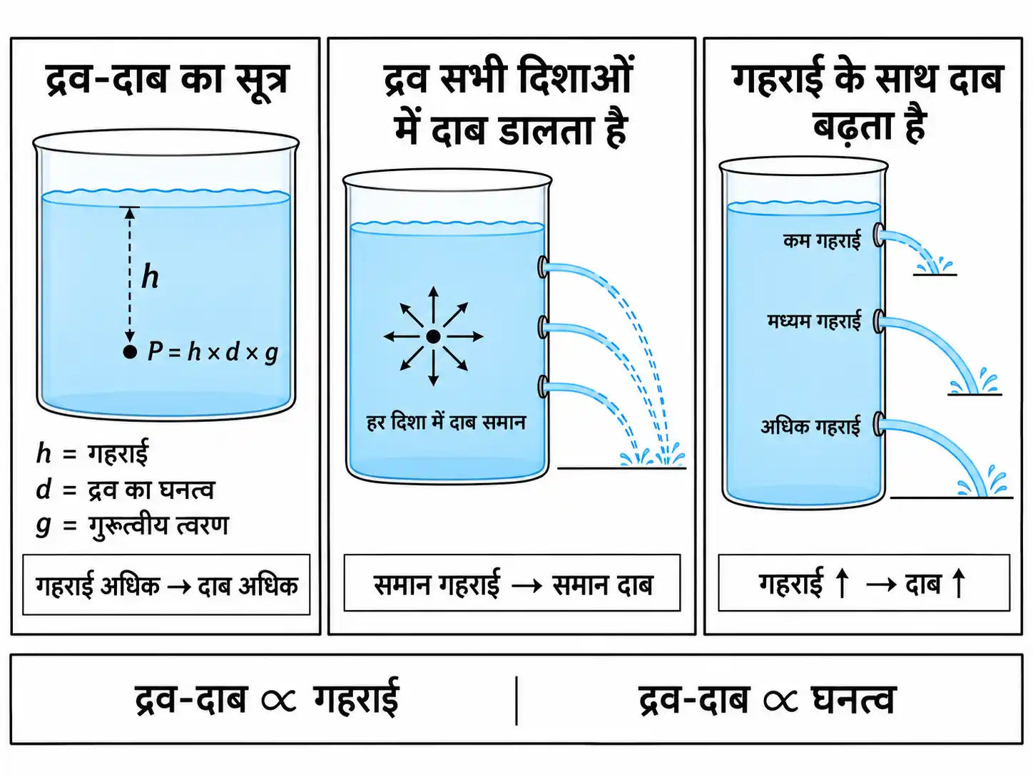 द्रव में दाब और गहराई के साथ दाब में परिवर्तन